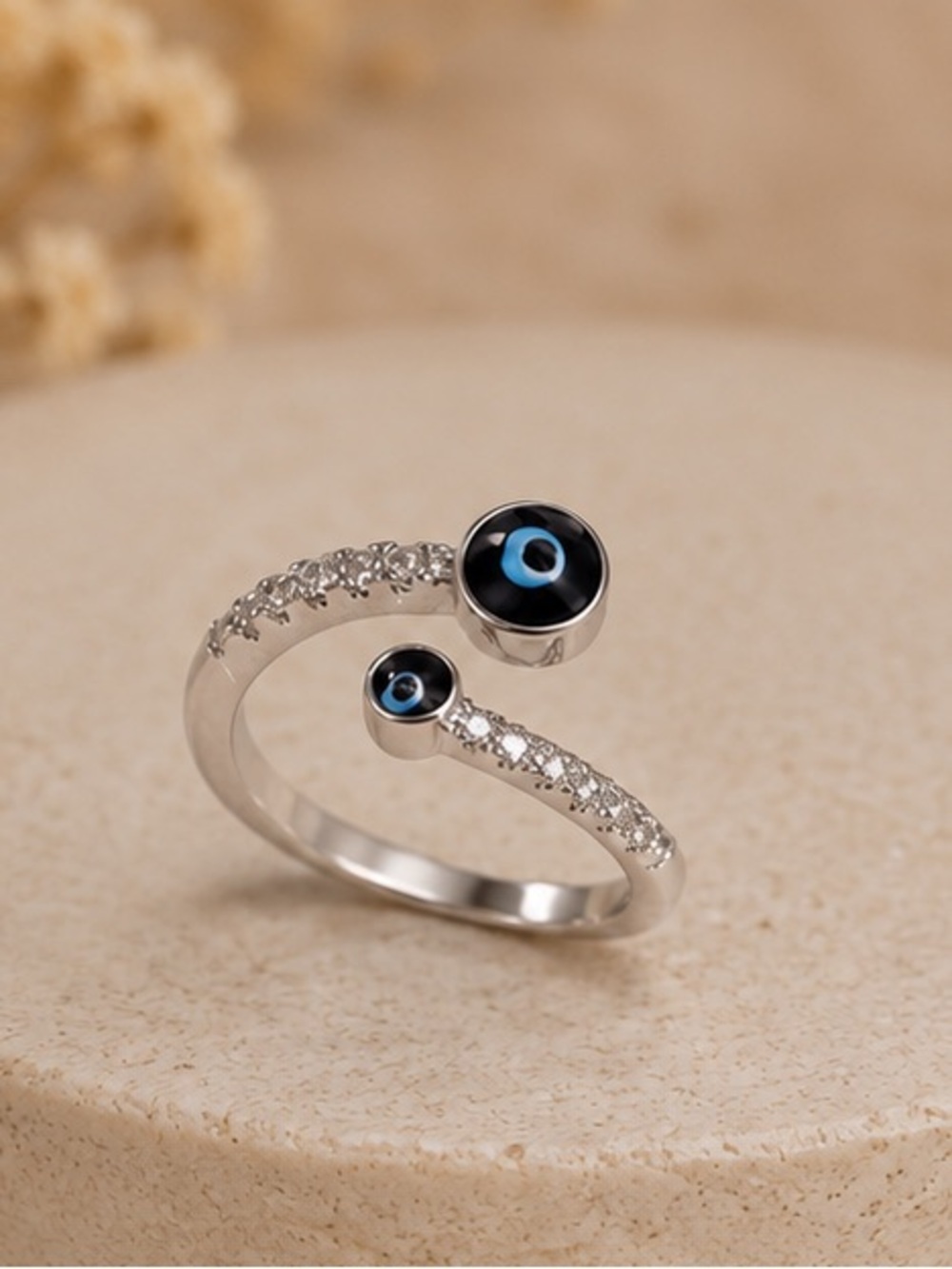 Silver Evil Eye Pavé Adjustable Open Ring